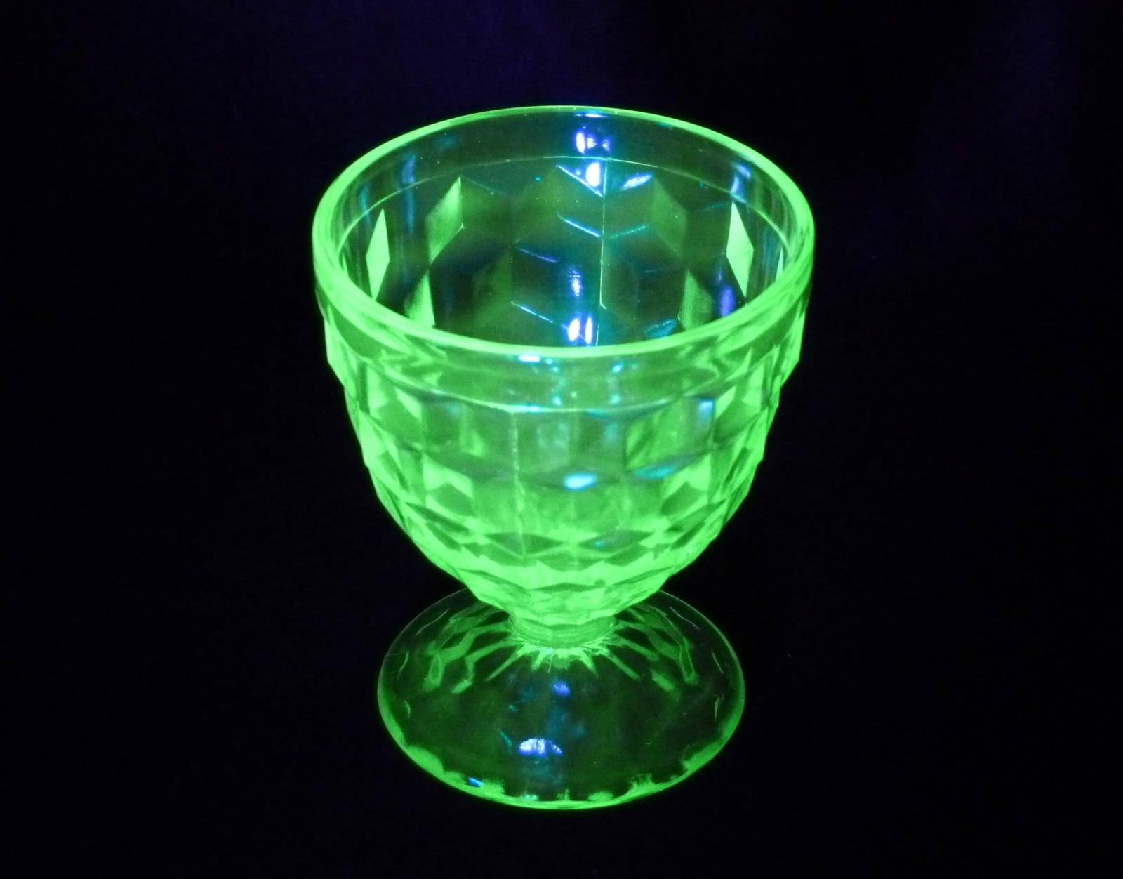 Uranium Glass Drinking Goblet, Jeannette "Cubist" Design, Glows Beautifully