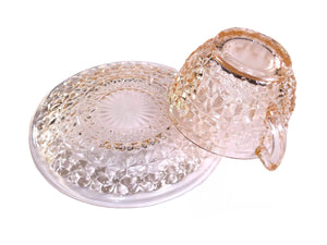 Pink Vintage Glass Cup and Saucer, 'Button and Bows' 1947 -1950