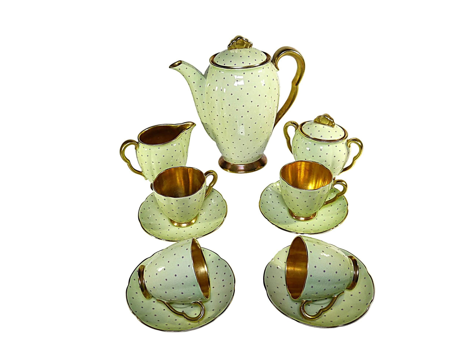 Carlton Ware Coffee Set, Magnificent Colour, Pale Green with Purple Polka Dots