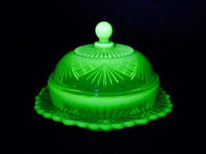Stunning Uranium Glass Butter Dish, Davidson Primrose Pearline Glass