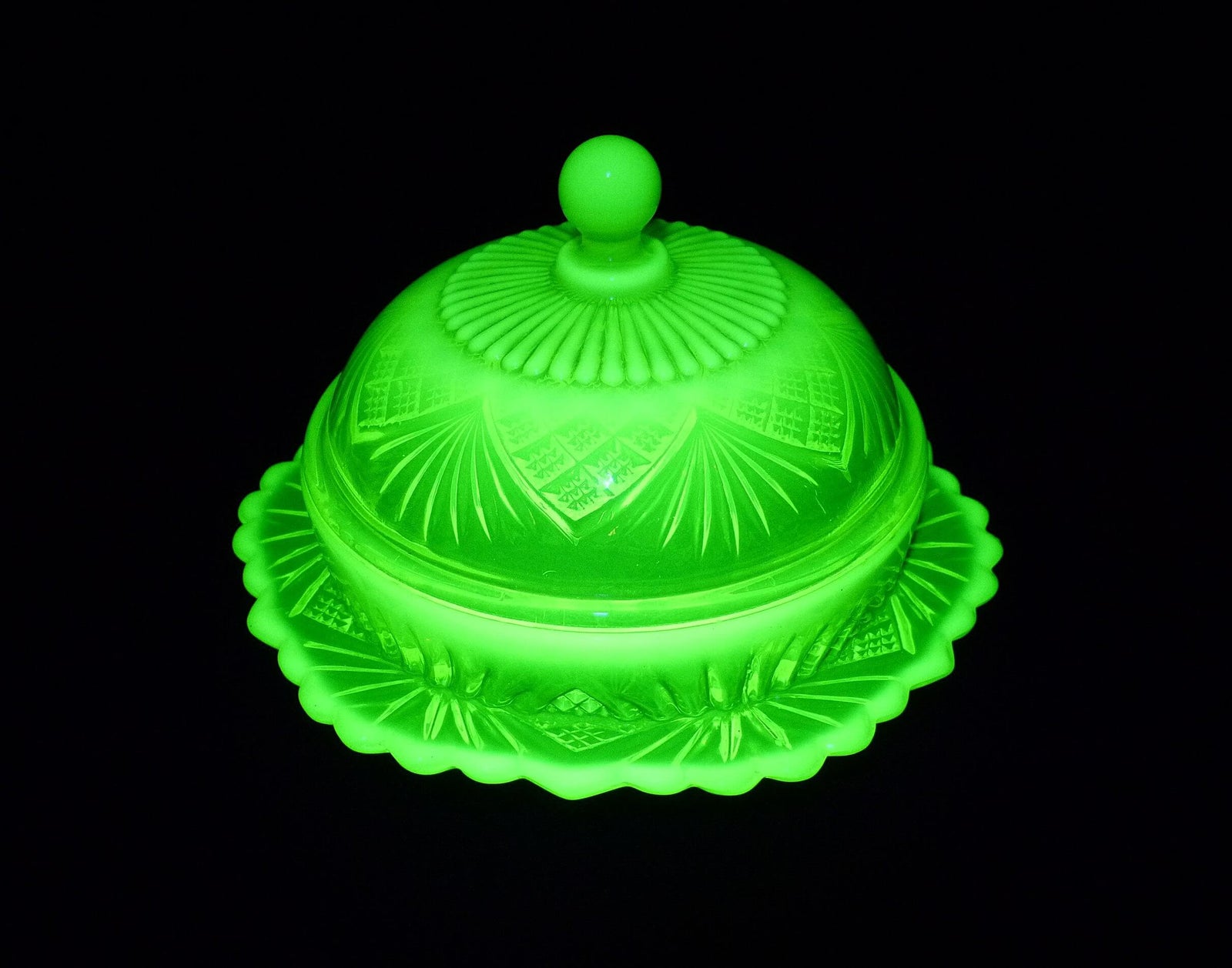 Stunning Uranium Glass Butter Dish, Davidson Primrose Pearline Glass