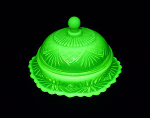 Stunning Uranium Glass Butter Dish, Davidson Primrose Pearline Glass
