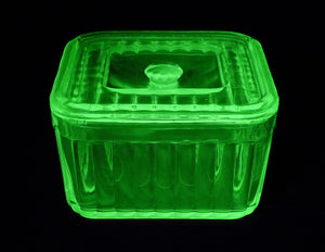 Elegant Uranium Glass Butter Box, Covered Butter Dish, Glows Beautifully