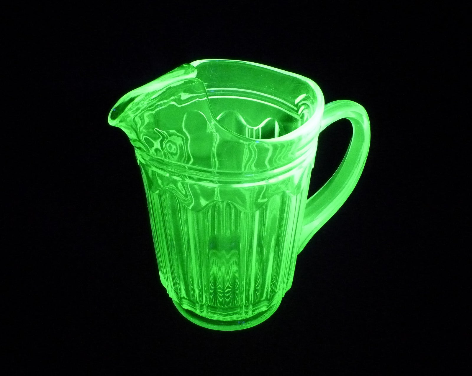 Art Deco Uranium Glass Jug, Colonial "Knife and Fork", Glows Beautifully
