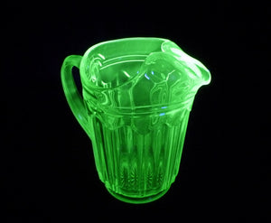 Art Deco Uranium Glass Jug, Colonial "Knife and Fork", Glows Beautifully