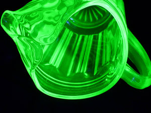 Art Deco Uranium Glass Jug, Colonial "Knife and Fork", Glows Beautifully