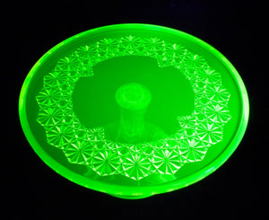 Mosser Uranium Glass Pedestal Plate, 'Daisy and Button', Glows Brightly