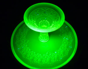 Mosser Uranium Glass Pedestal Plate, 'Daisy and Button', Glows Brightly