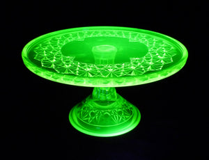 Mosser Uranium Glass Pedestal Plate, 'Daisy and Button', Glows Brightly
