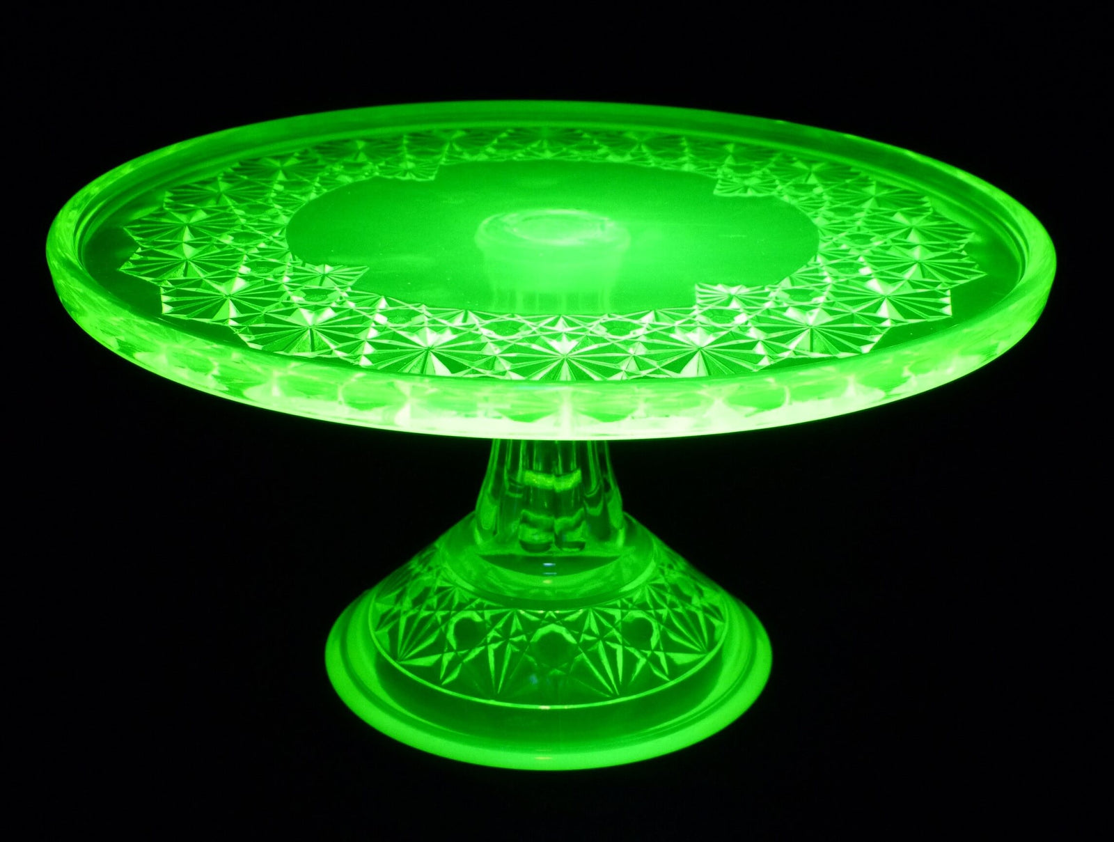 Mosser Uranium Glass Pedestal Plate, 'Daisy and Button', Glows Brightly