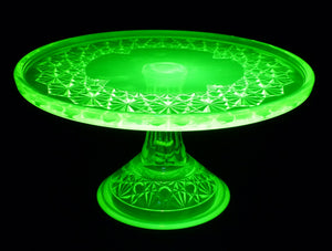 Mosser Uranium Glass Pedestal Plate, 'Daisy and Button', Glows Brightly