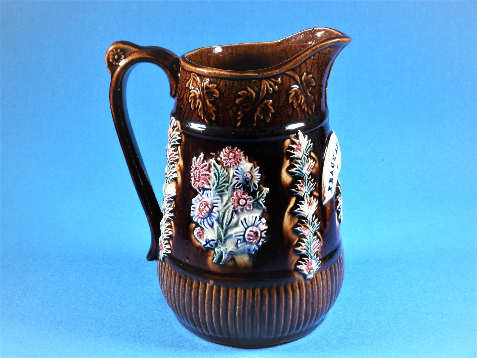 Bargeware Jug, Measham Ware Pottery Jug, "Peace and Plenty 1887", Large Size