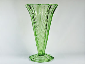 Green Uranium Glass, Elegant Tall Fluted Vase, Slim Shape