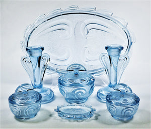 Art Deco Bagley Blue Glass  Dressing Table Set, "Rutland" Vanity Set
