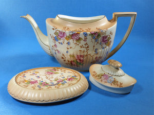 Crown Devon Fielding's Teapot and Trivet Stand, "Queen Ann May" Pattern
