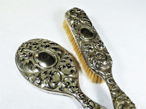 Silver Plate Brush and Mirror, Vintage Dressing Table Set, Ornate Vanity Set