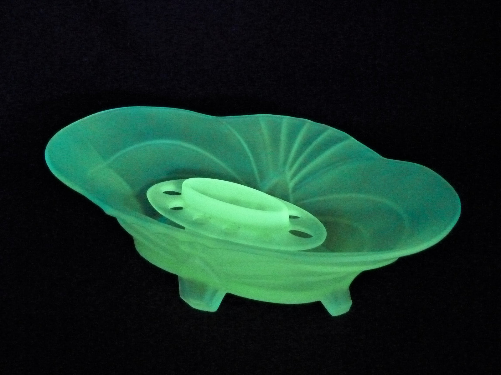 Art Deco Uranium Glass Centrepiece, Frosted Green Glass, Glows Beautifully