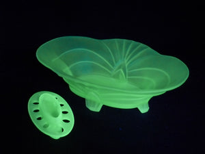 Art Deco Uranium Glass Centrepiece, Frosted Green Glass, Glows Beautifully