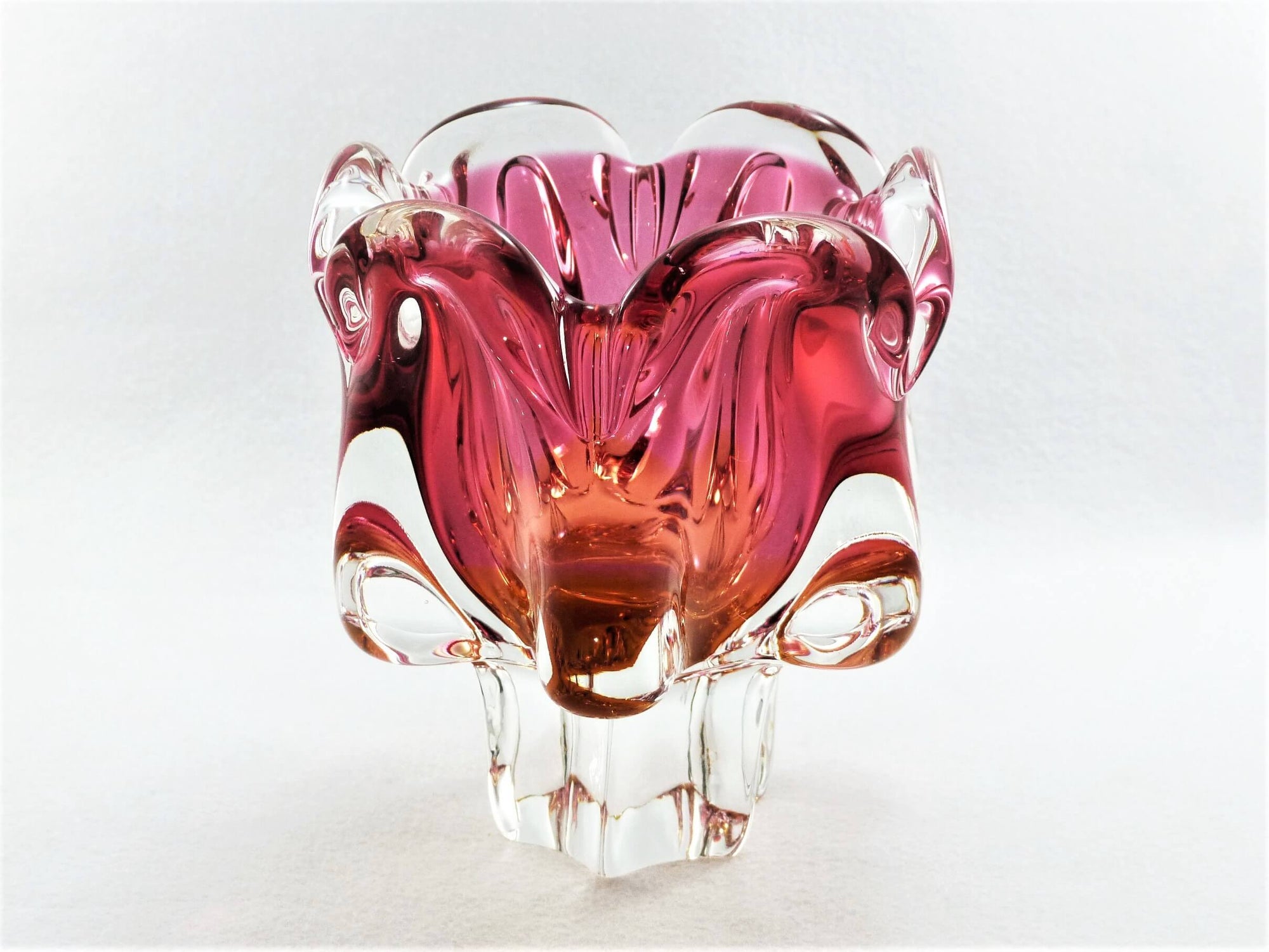 Josef Hospodka Mid Century Glass Bowl, Chribska Glass, Pink and Amber Bowl