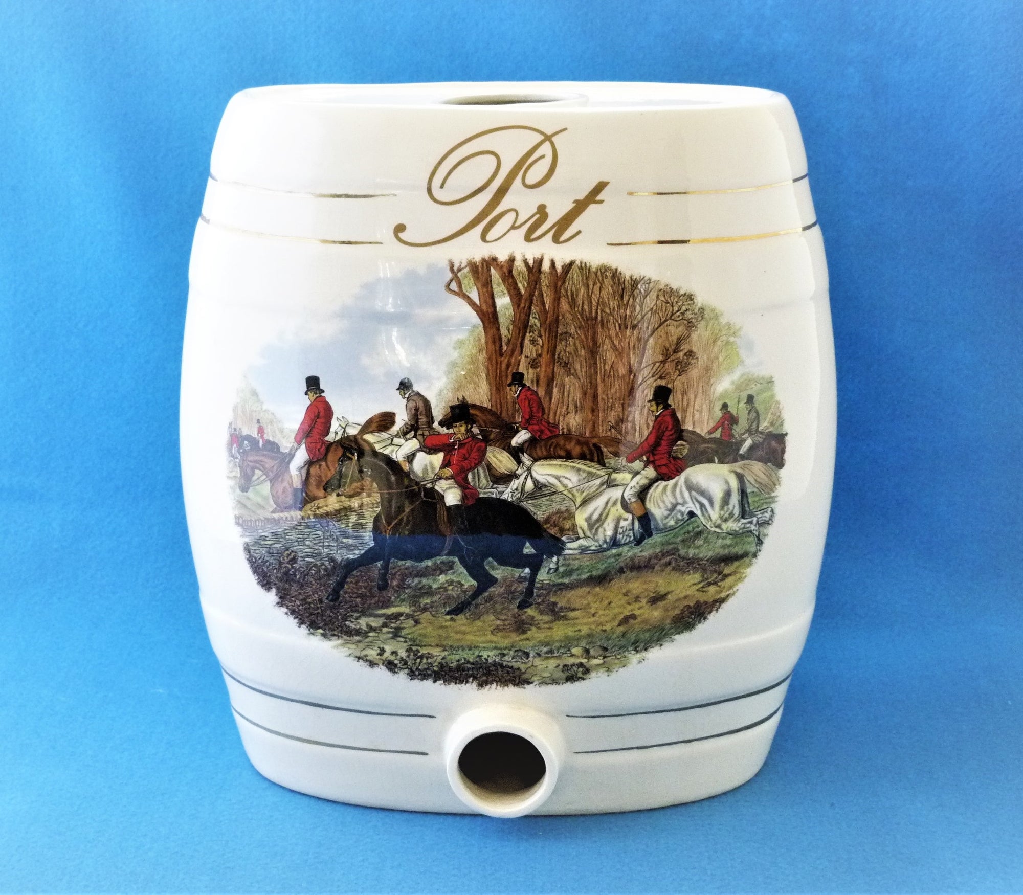 Vintage Ceramic Port Barrel, Hunting Scene, Home Bar Decor