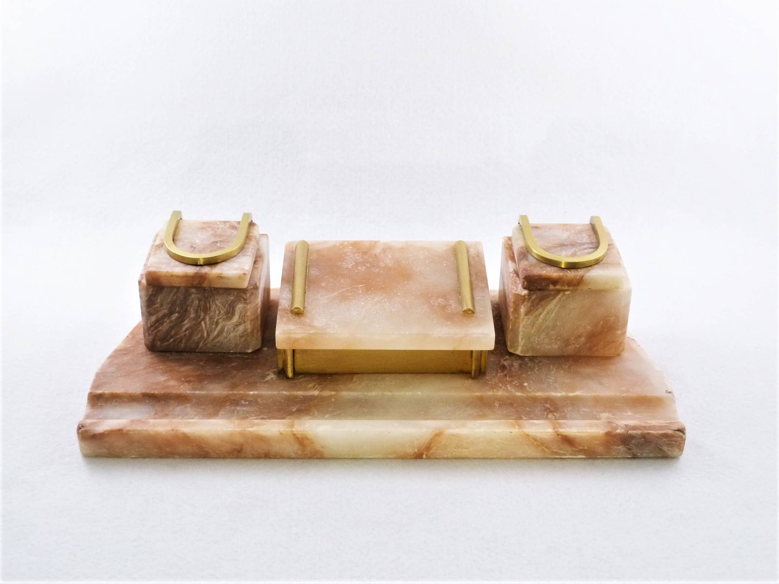 Vintage Marble Desk Set, Office Accessory, Pink Marble, Brass Trim