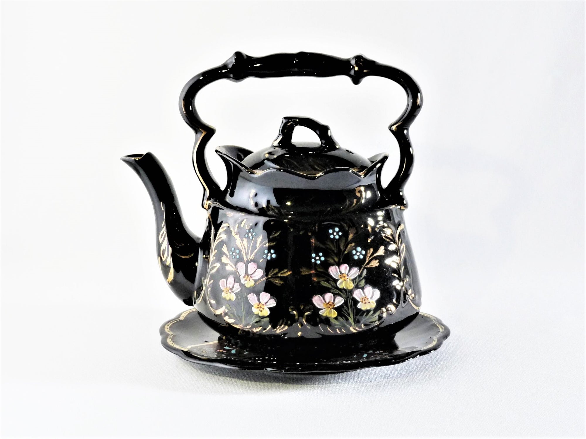 Victorian Jackfield Teapot and Trivet Stand, Black Glaze Pottery