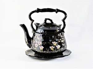 Victorian Jackfield Teapot and Trivet Stand, Black Glaze Pottery