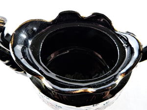 Victorian Jackfield Teapot and Trivet Stand, Black Glaze Pottery