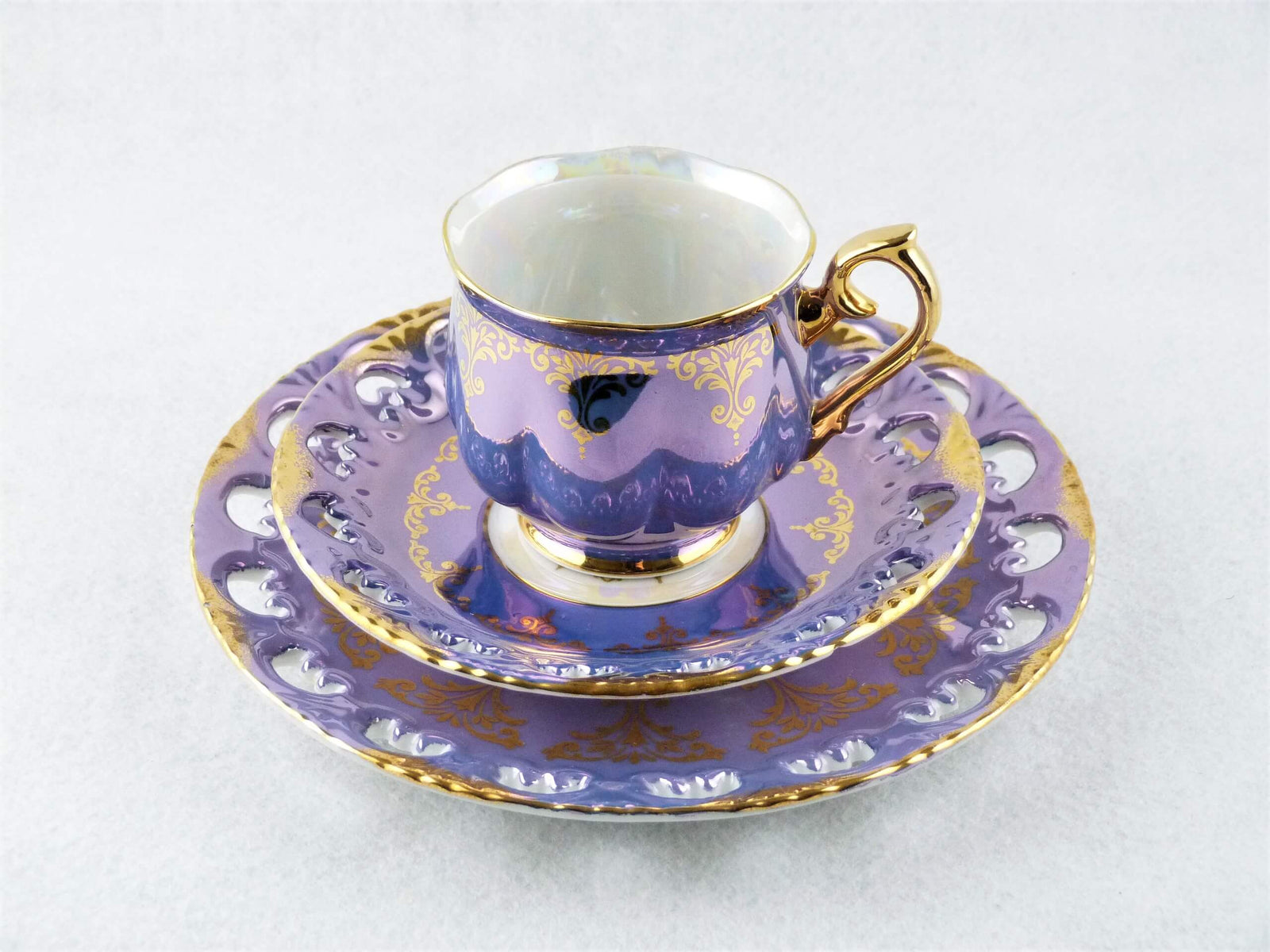 Ohashi China, Nagoya, 1932, Purple Cup, Saucer and Plate