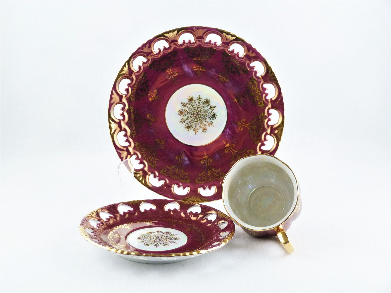 Ohashi China, Nagoya, 1932, Burgundy Red Cup, Saucer and Plate