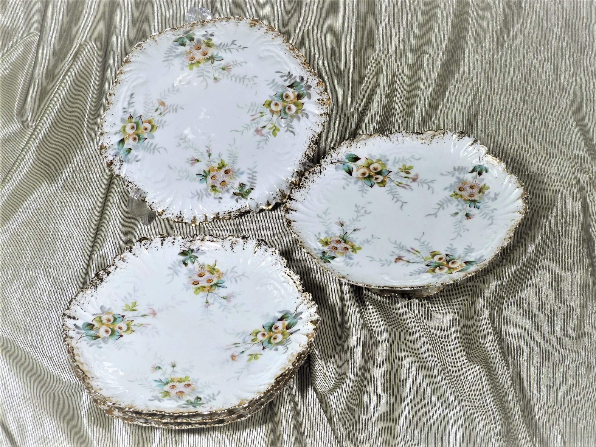 Vintage Luncheon Set, Hand Painted, 4 Plates and a Pedestal Cake Stand