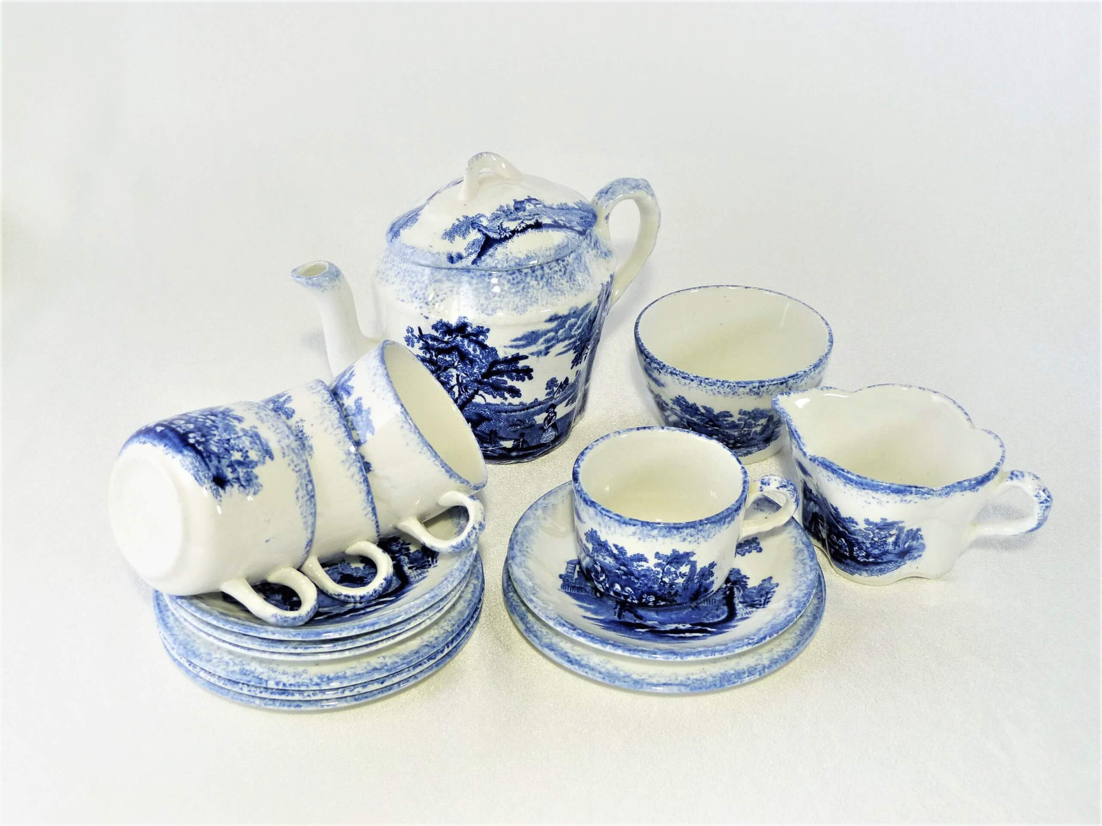Antique Ridgways Children's Blue and White Tea Set, "Humphrey's Clock"