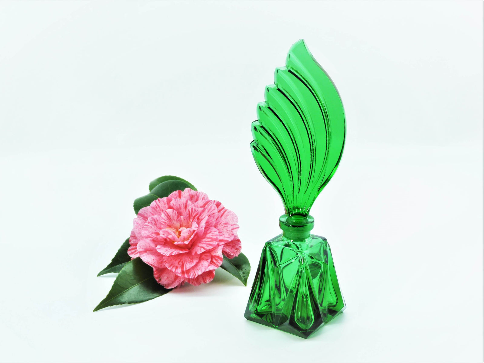 Art Deco Style Green Glass Perfume Bottle, Superb Gift