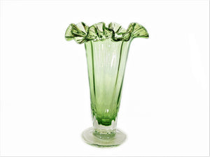 Green Glass Ruffled Top Vase, Tall and Elegant, Super Flower Vase