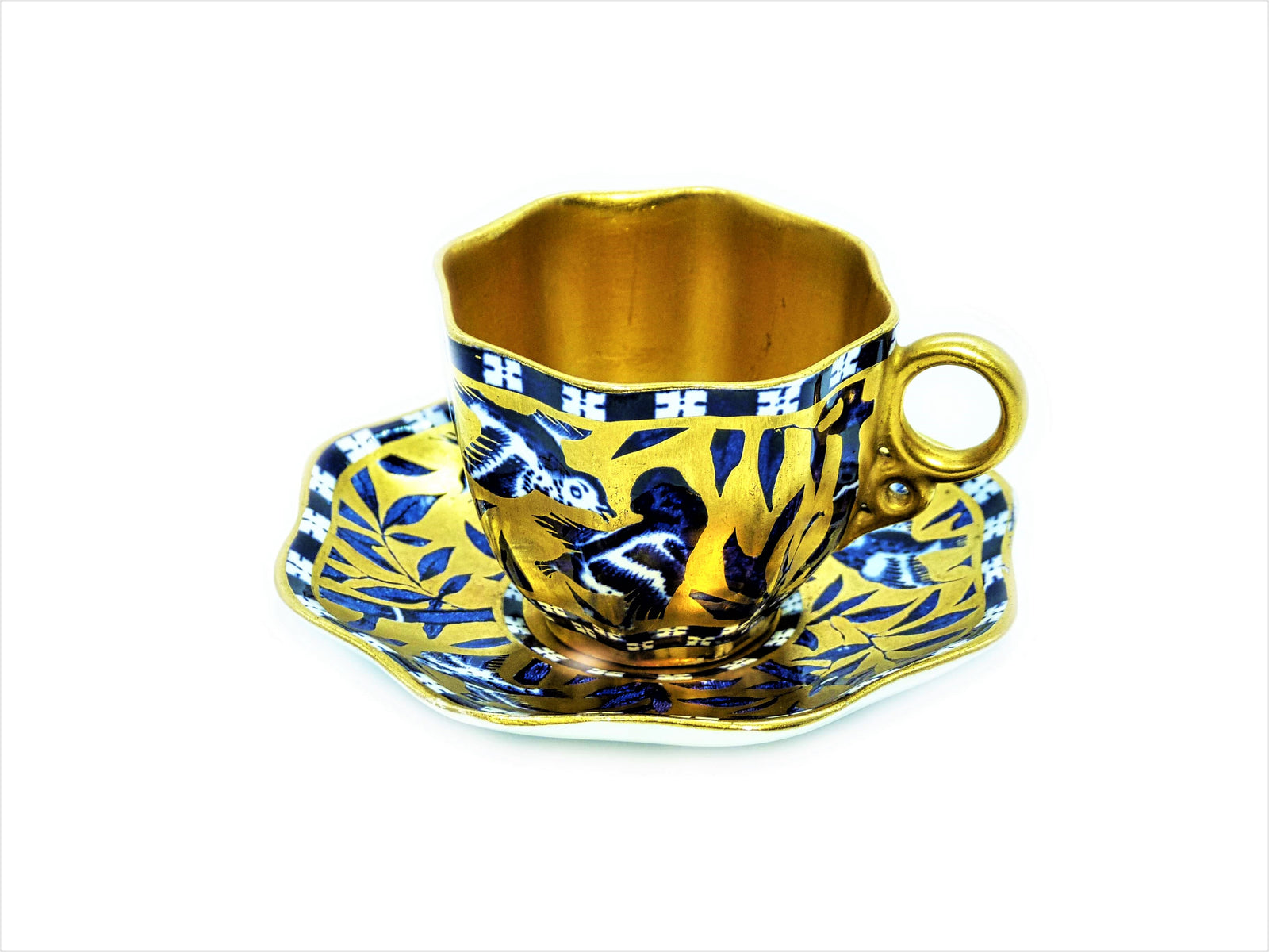 Antique Coalport Demitasse Cup and Saucer, ''Birds and Bamboo" Pattern, 1890's