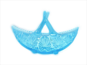 Victorian Blue Glass Basket Bowl, Davidson Pearline Glass, "War of the Roses"