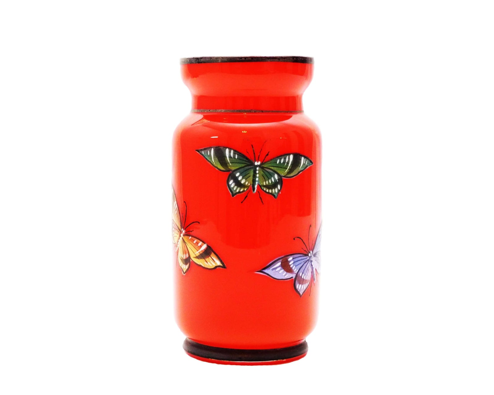 Victorian Hand Painted Red Glass Vase, Stunning Colour, Colourful Butterflies