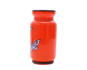 Victorian Hand Painted Red Glass Vase, Stunning Colour, Colourful Butterflies