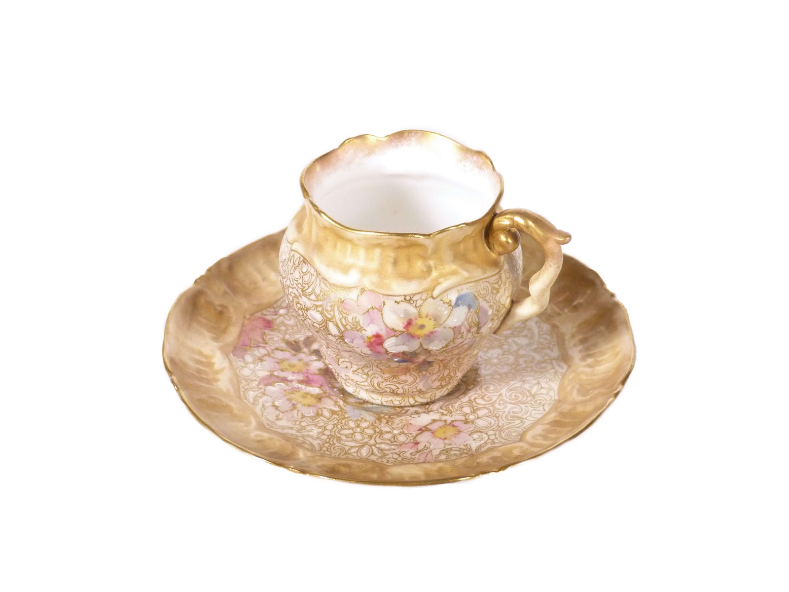 Antique Doulton Demitasse Cup and Saucer, 1891-1901, Hand Painted Chintz