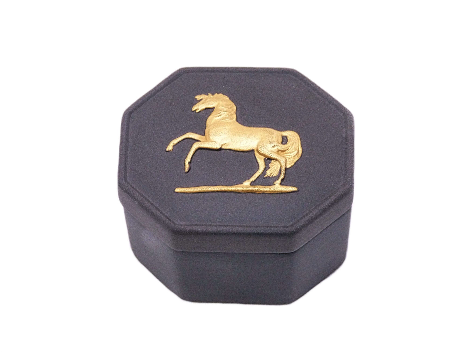 Octagonal Black Basalt Wedgwood Box, Features Gilded Horse