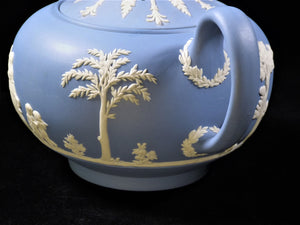 Wedgwood Jasperware Blue Teapot, Creamer and Sugar, Full Size, Superb Set